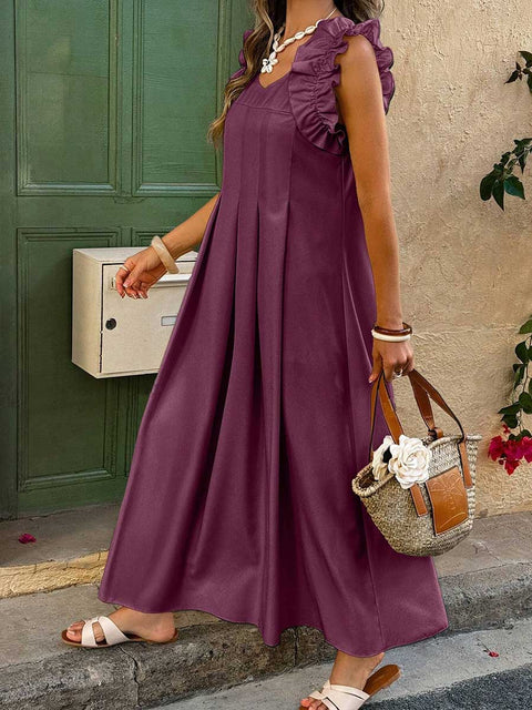 Women's Solid Color V-Neck Sleeveless Pleated Casual Cotton Dress