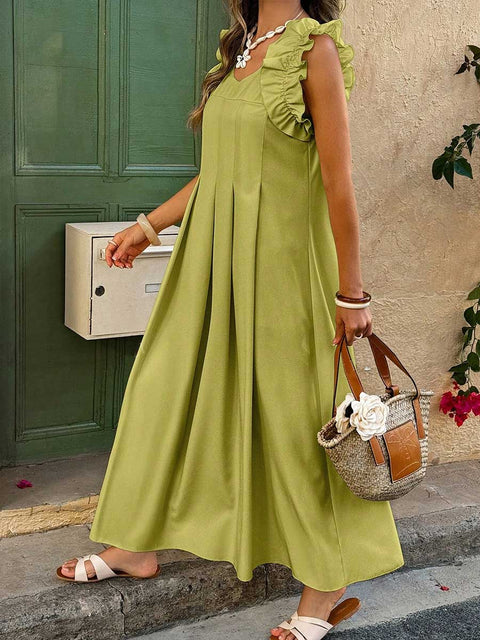 Women's Solid Color V-Neck Sleeveless Pleated Casual Cotton Dress