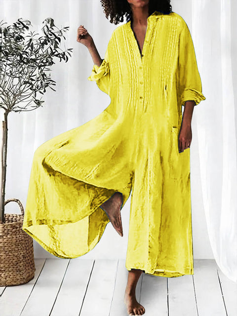 Women's Solid Lapel Long Sleeve Casual Linen Wide Leg Jumpsuit
