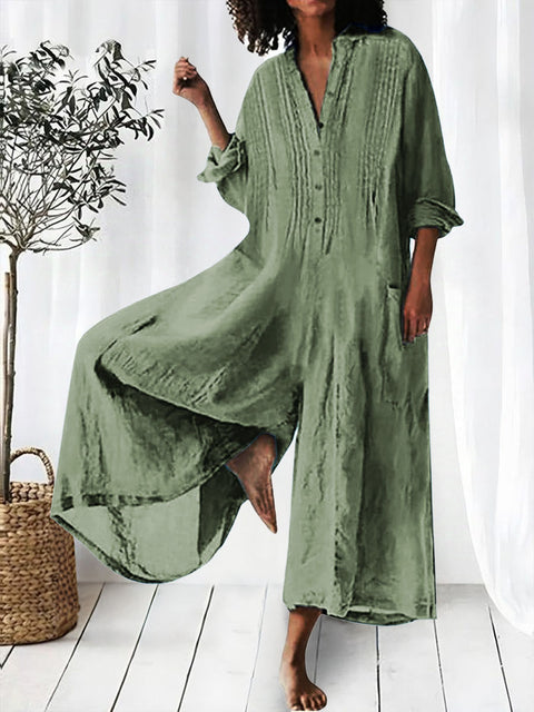 Women's Solid Lapel Long Sleeve Casual Linen Wide Leg Jumpsuit