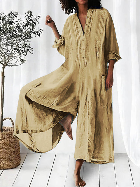 Women's Solid Lapel Long Sleeve Casual Linen Wide Leg Jumpsuit
