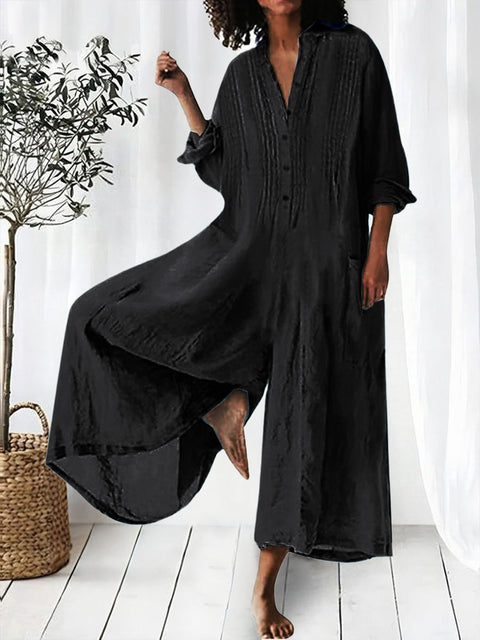 Women's Solid Lapel Long Sleeve Casual Linen Wide Leg Jumpsuit