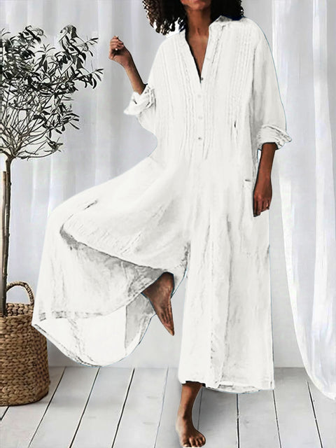 Women's Solid Lapel Long Sleeve Casual Linen Wide Leg Jumpsuit