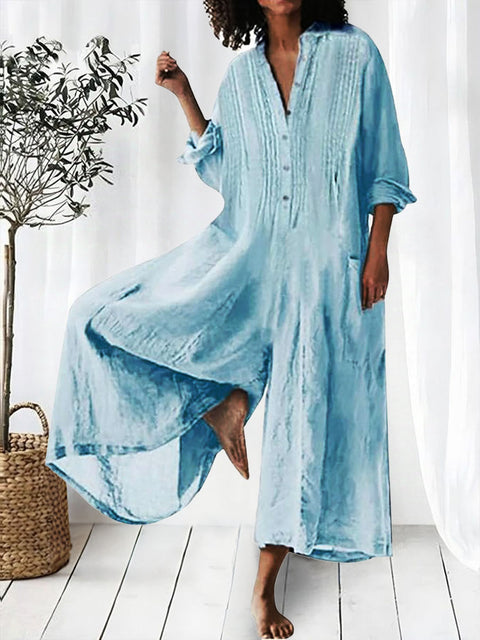 Women's Solid Lapel Long Sleeve Casual Linen Wide Leg Jumpsuit