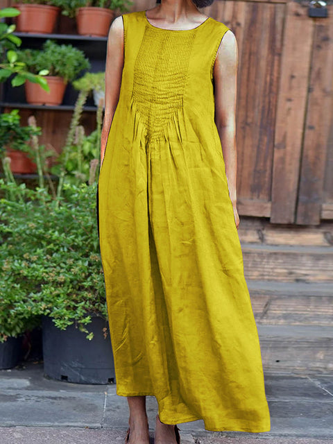 Women's Solid Color Round Neck Sleeveless Casual Linen Dress