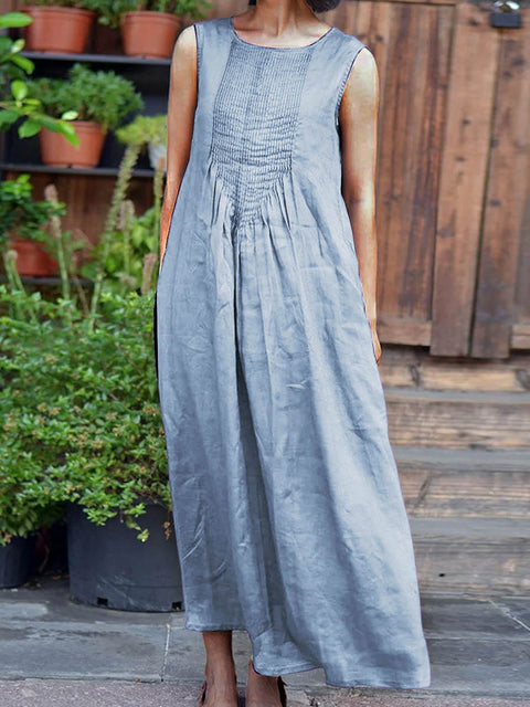 Women's Solid Color Round Neck Sleeveless Casual Linen Dress