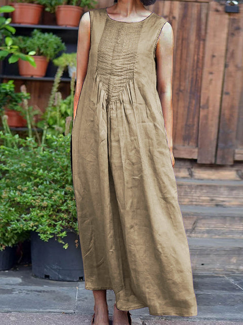 Women's Solid Color Round Neck Sleeveless Casual Linen Dress