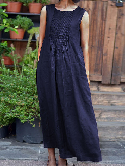 Women's Solid Color Round Neck Sleeveless Casual Linen Dress