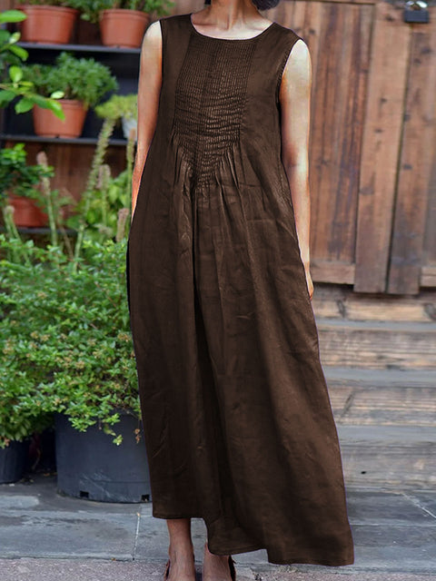 Women's Solid Color Round Neck Sleeveless Casual Linen Dress