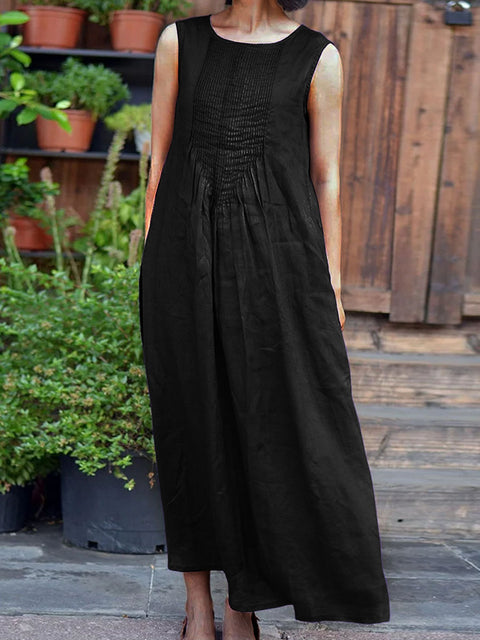 Women's Solid Color Round Neck Sleeveless Casual Linen Dress