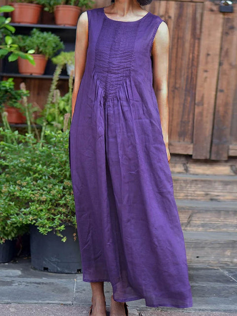 Women's Solid Color Round Neck Sleeveless Casual Linen Dress