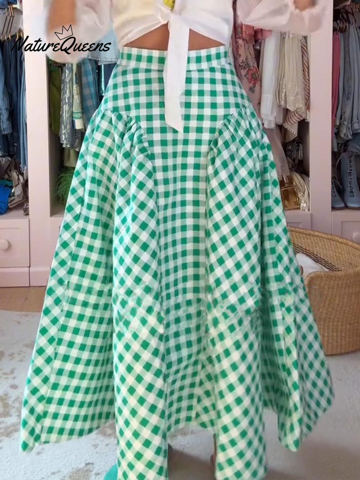 Women's High Waist Check Print Casual Linen Skirt