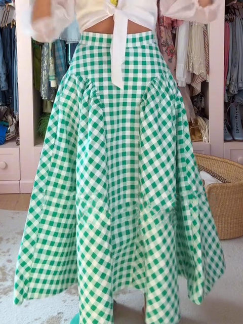 Women's High Waist Check Print Casual Linen Skirt