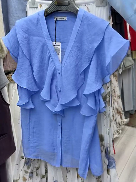 Women's Solid V-neck Short Sleeve Casual Linen Ruffled Top