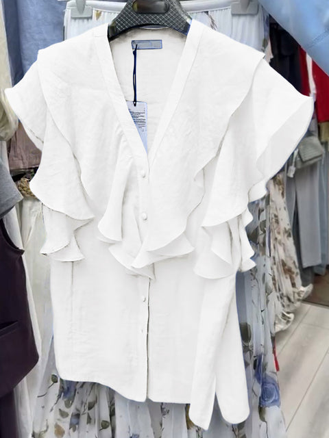 Women's Solid V-neck Short Sleeve Casual Linen Ruffled Top