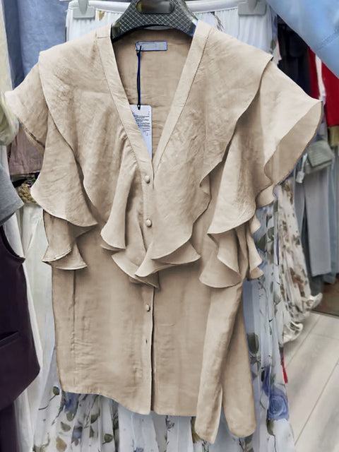 Women's Solid V-neck Short Sleeve Casual Linen Ruffled Top