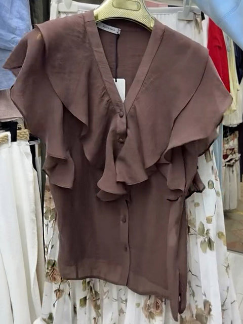 Women's Solid V-neck Short Sleeve Casual Linen Ruffled Top