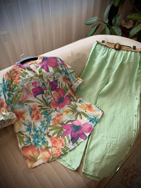 Women's  V-neck Retro Print Short Sleeve Casual Cotton and Linen Top