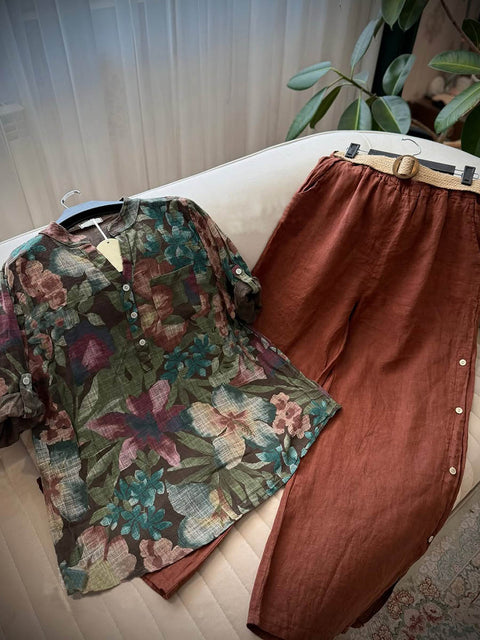 Women's  V-neck Retro Print Short Sleeve Casual Cotton and Linen Top