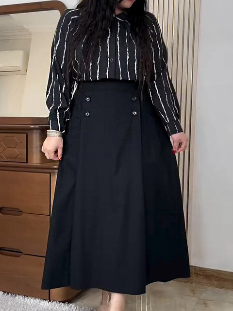 Women's Stripe Print Stand Collar Long Sleeves Casual Cotton and Linen Tops High Waist Casual Cotton and Linen Skirt Set