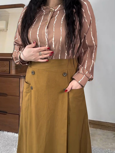 Women's Stripe Print Stand Collar Long Sleeves Casual Cotton and Linen Tops High Waist Casual Cotton and Linen Skirt Set