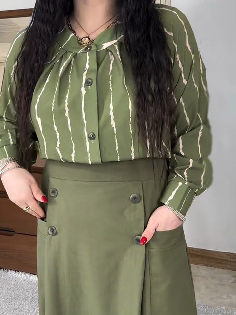 Women's Stripe Print Stand Collar Long Sleeves Casual Cotton and Linen Tops High Waist Casual Cotton and Linen Skirt Set