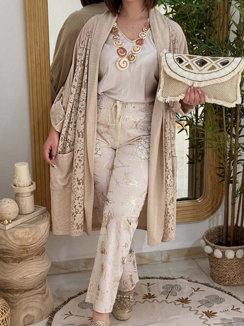 Women's Solid Color Lace Stitching Long Sleeve Pocket Casual Linen Cardigan
