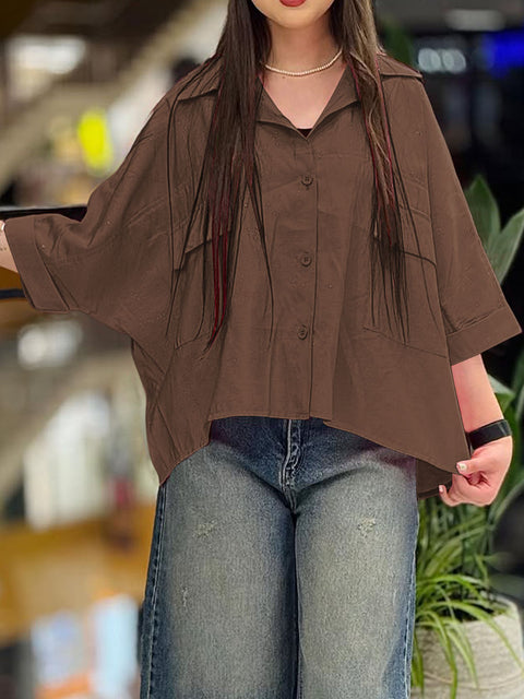 Women's  Solid Color Lapel Three-quarter Sleeve Casual Cotton and Linen Cardigan Top