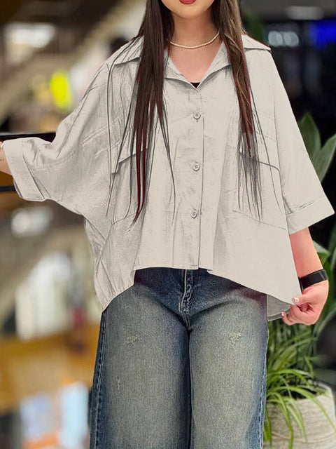 Women's  Solid Color Lapel Three-quarter Sleeve Casual Cotton and Linen Cardigan Top