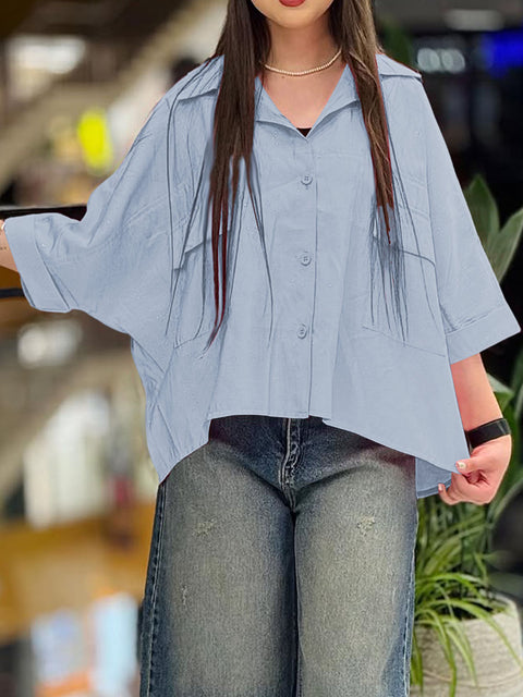 Women's  Solid Color Lapel Three-quarter Sleeve Casual Cotton and Linen Cardigan Top