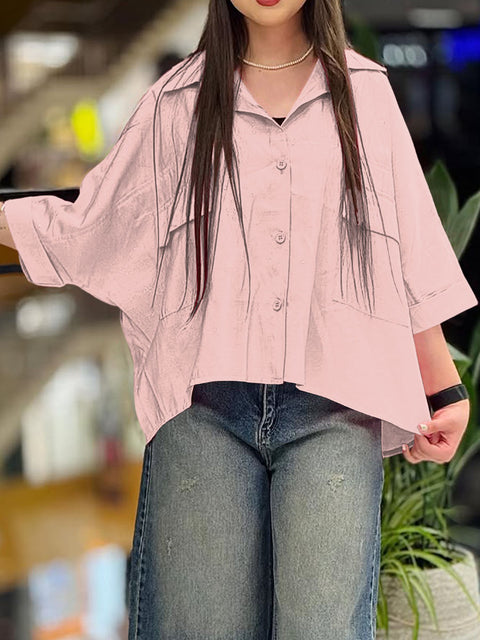 Women's  Solid Color Lapel Three-quarter Sleeve Casual Cotton and Linen Cardigan Top