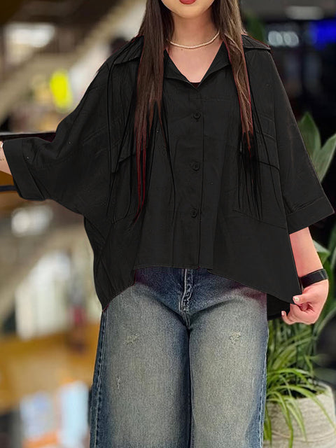 Women's  Solid Color Lapel Three-quarter Sleeve Casual Cotton and Linen Cardigan Top