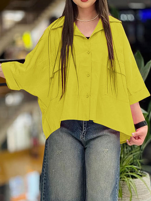 Women's  Solid Color Lapel Three-quarter Sleeve Casual Cotton and Linen Cardigan Top