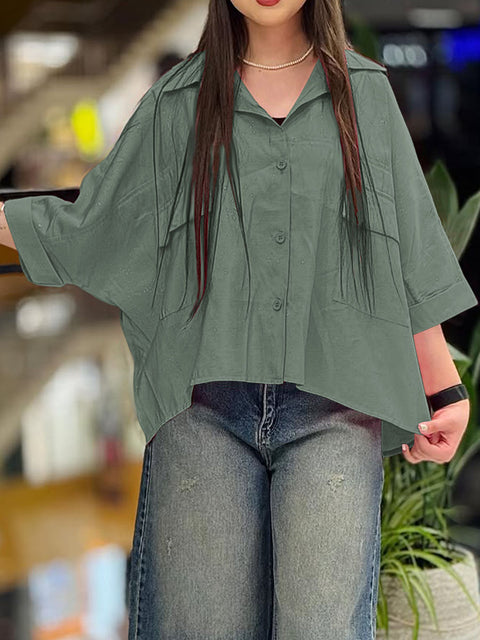 Women's  Solid Color Lapel Three-quarter Sleeve Casual Cotton and Linen Cardigan Top