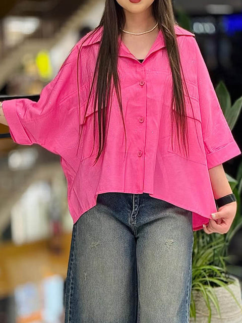 Women's  Solid Color Lapel Three-quarter Sleeve Casual Cotton and Linen Cardigan Top