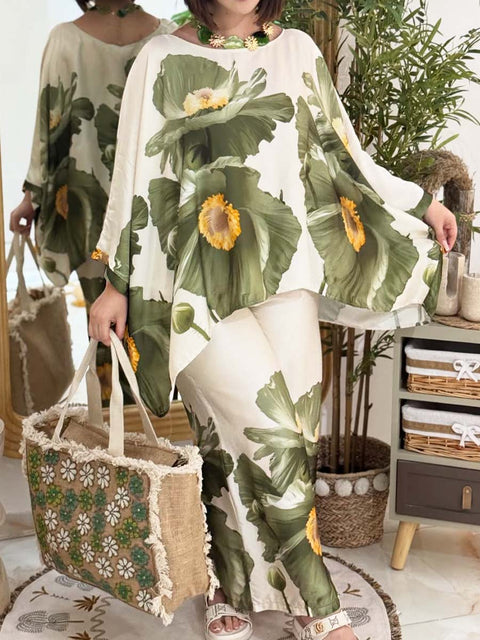Women's Round Neck Long Sleeves Positioning Printed Casual Top Elastic Waist Positioning Printed Wide Leg Pants Set