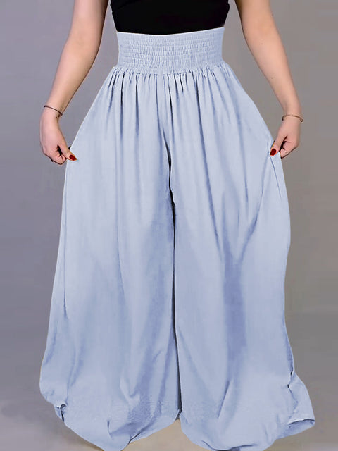 Women Solid Color Elastic Waist Casual Linen Wide Leg Pants