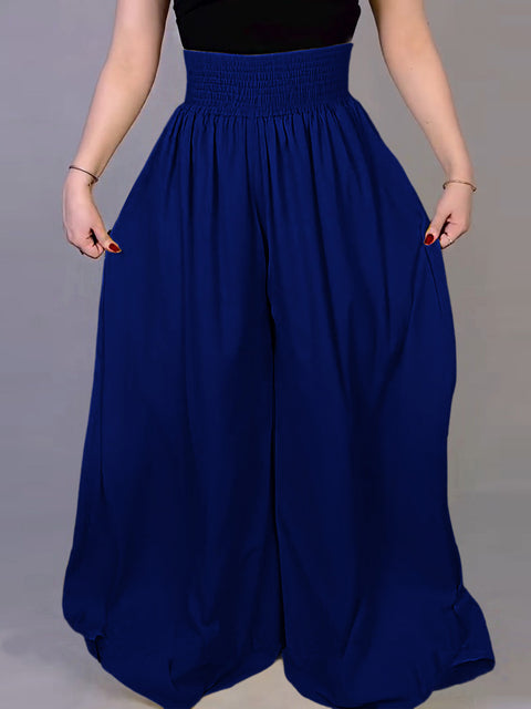 Women Solid Color Elastic Waist Casual Linen Wide Leg Pants