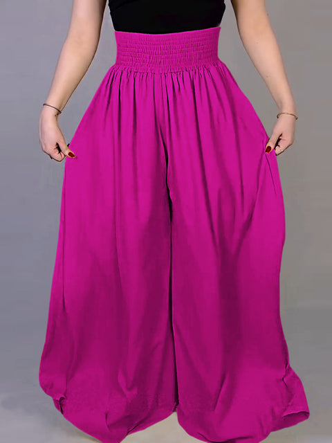 Women Solid Color Elastic Waist Casual Linen Wide Leg Pants