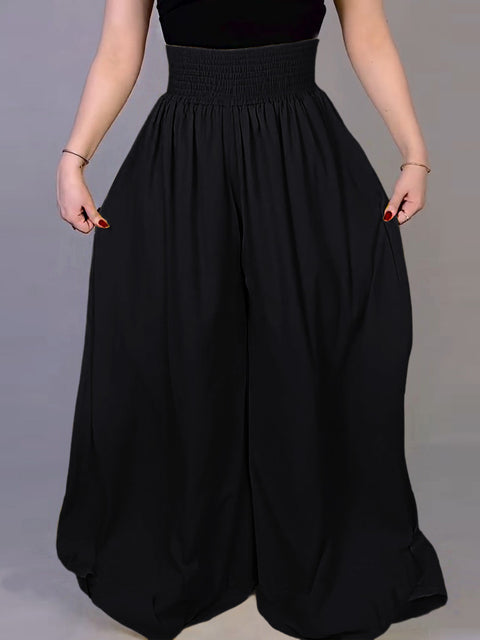Women Solid Color Elastic Waist Casual Linen Wide Leg Pants