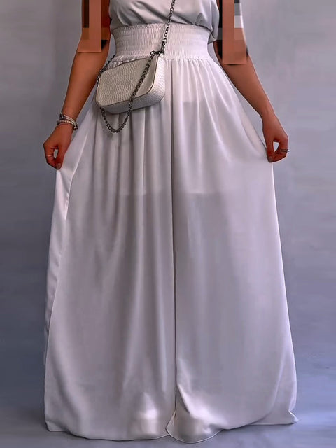 Women Solid Color Elastic Waist Casual Linen Wide Leg Pants