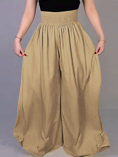 Women Solid Color Elastic Waist Casual Linen Wide Leg Pants