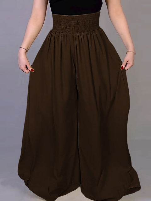 Women Solid Color Elastic Waist Casual Linen Wide Leg Pants