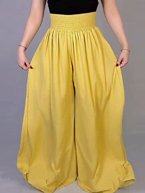 Women Solid Color Elastic Waist Casual Linen Wide Leg Pants