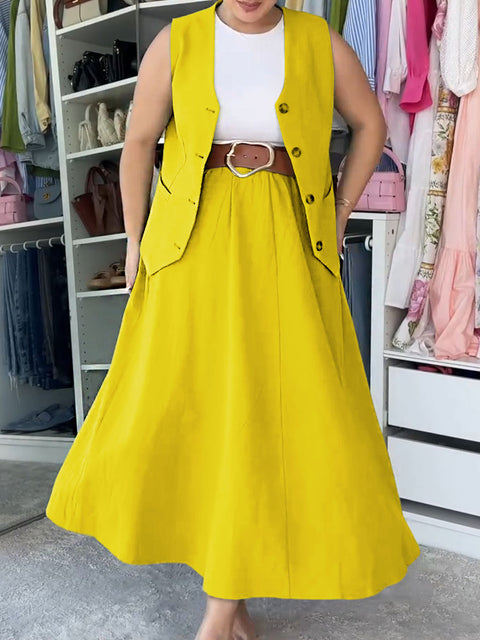 Women's Solid Color V-Neck Sleeveless Single-Breasted Vest Top Elastic Waist A-Line Casual Cotton and Linen Skirt Set
