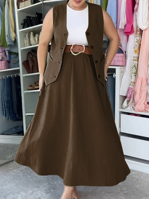 Women's Solid Color V-Neck Sleeveless Single-Breasted Vest Top Elastic Waist A-Line Casual Cotton and Linen Skirt Set