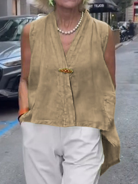 Women's  Solid Color V-Neck Sleeveless Casual Cotton and Linen Loose Tops