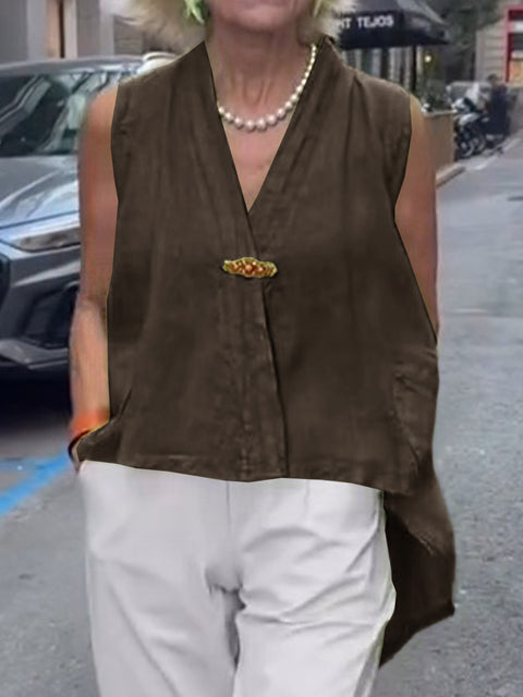 Women's  Solid Color V-Neck Sleeveless Casual Cotton and Linen Loose Tops