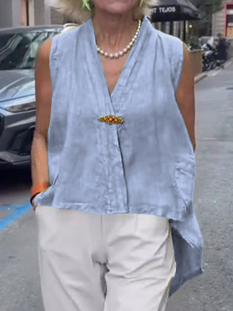 Women's  Solid Color V-Neck Sleeveless Casual Cotton and Linen Loose Tops