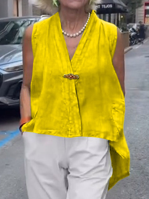Women's  Solid Color V-Neck Sleeveless Casual Cotton and Linen Loose Tops
